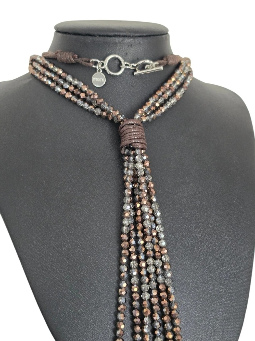Vintage CHICO'S Beaded Tassel Lariat Necklace Brown Gray Crystal Strands 29"
